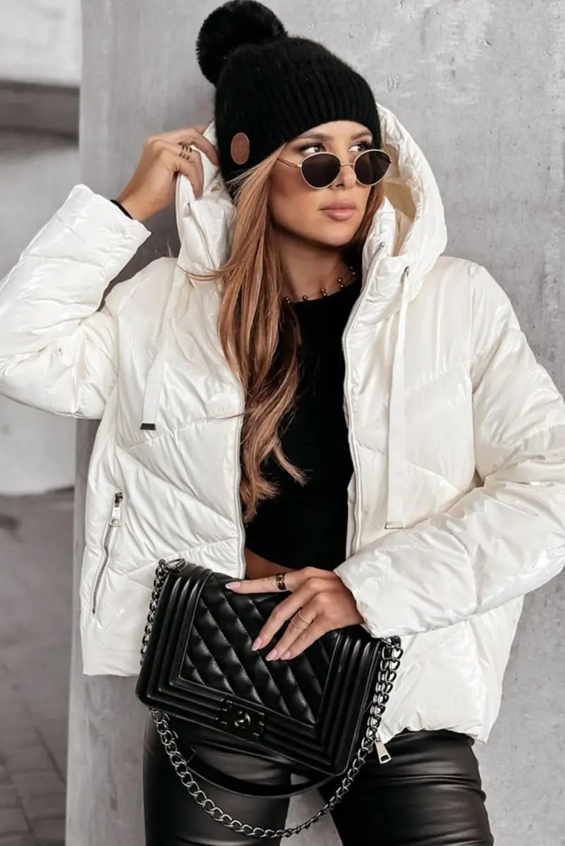 White Solid Quilted Hooded Zip Up Puffer Jackets - Love Salve